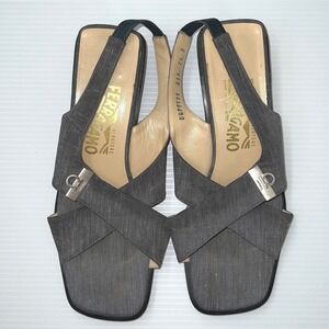 Salvatore Ferragamo Slingback Sandals Womens 7.5 B Grey Good Gancini Square Toe